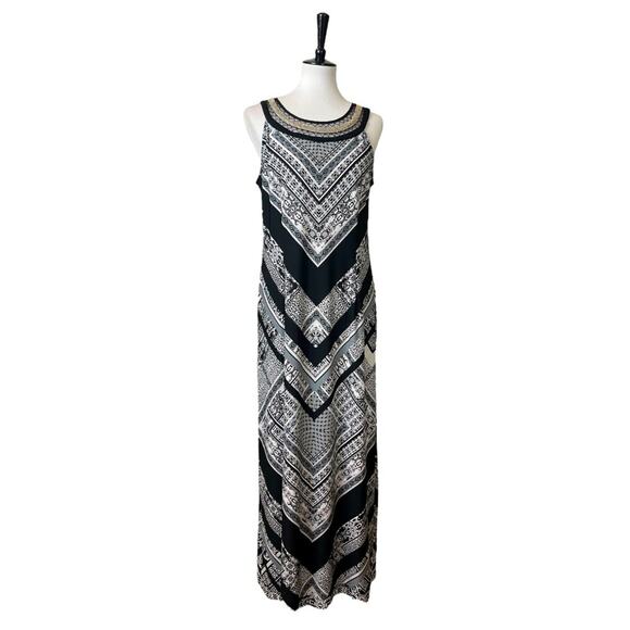 Studio One Maxi Dress Column Round Neck Metallic Black Batik Print Women’s PM - Picture 1 of 12